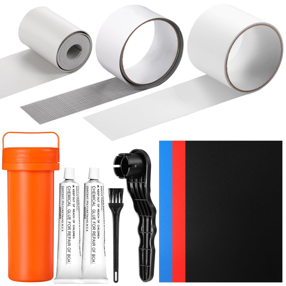 Inflatable Boat Repair Kit with PVC & TPU Patches, Repair Tape, Glue and Maintenance Tools
