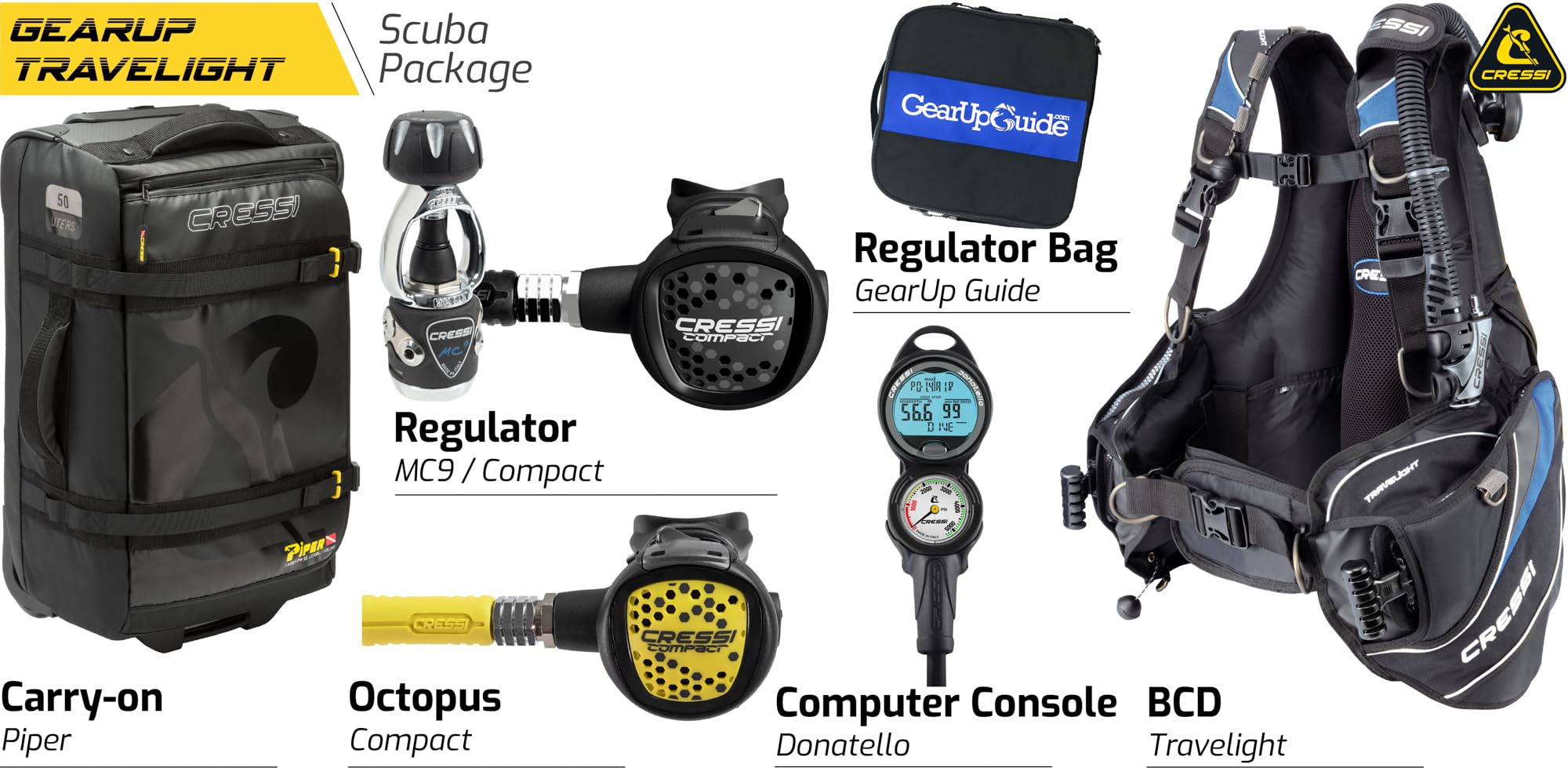 Scuba Diving Package with 15 lb BCD, Dive Computer, Regulator, Torch & Gear Bag
