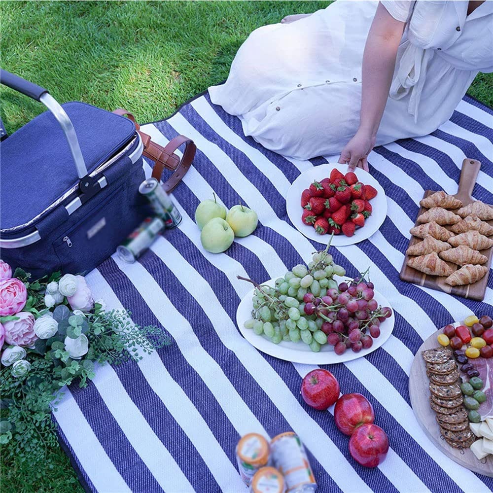 Waterproof Picnic Blanket, Lightweight Sandproof Camping & Beach Mat, Blue Stripes