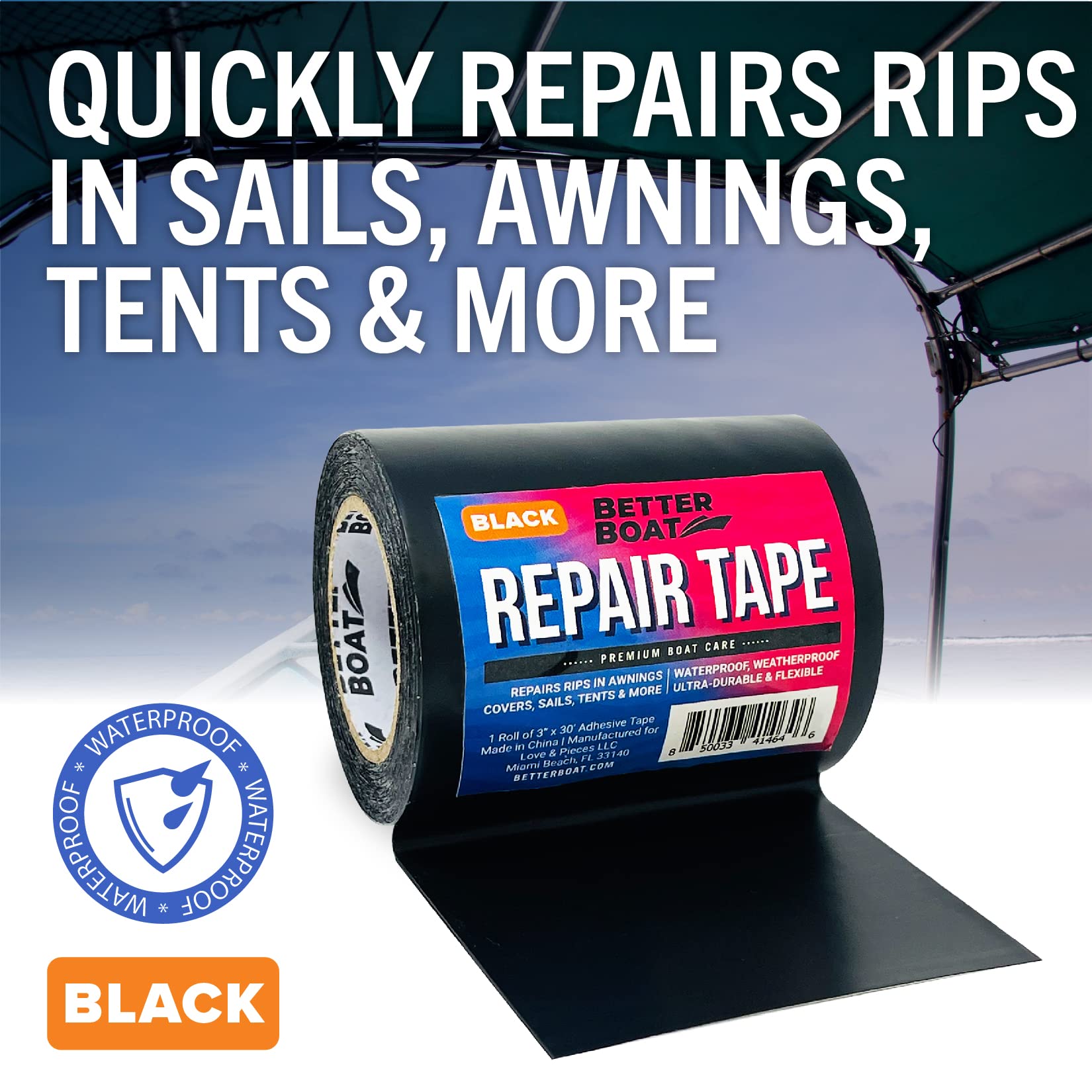 Heavy-Duty Waterproof Repair Tape for Boat Covers, Tents, Awnings & Air Mattresses, 30 ft x 3 in