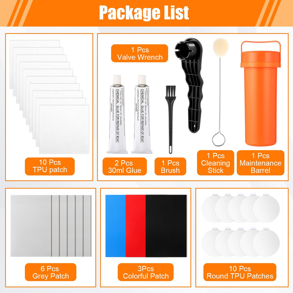 Inflatable Paddle Board Repair Kit with TPU & PVC Patches, Glue, Valve Wrench and Applicator